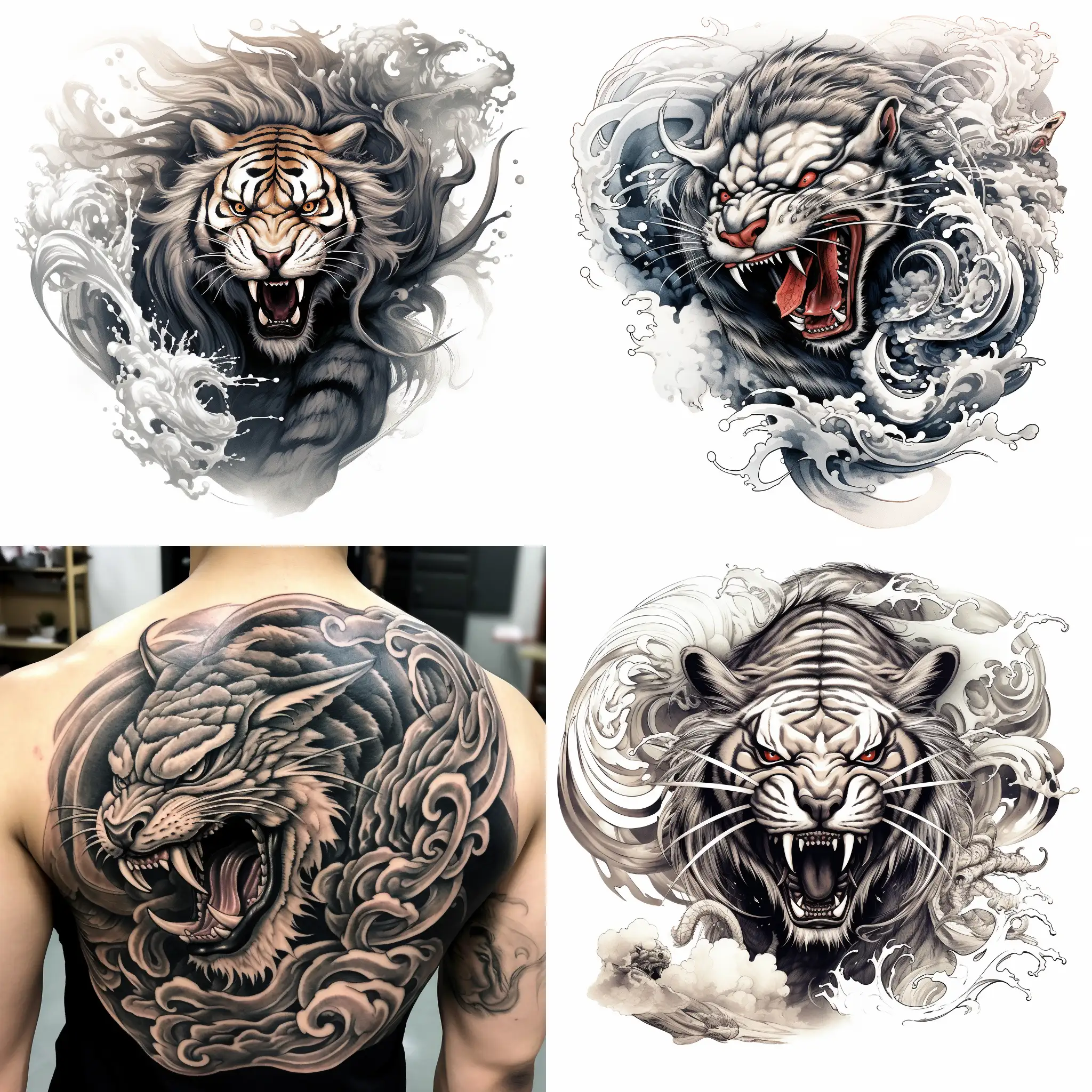 A black and white tattoo of a roaring tiger facing front, with its head on the shoulder and its body extending to the elbow. The tiger is wrapped by a scary Chinese dragon that coils around its neck and legs. The dragon has scales, horns, whiskers, and a long tail. The tattoo is in a Japanese fantasy style, with sharp lines and contrast.