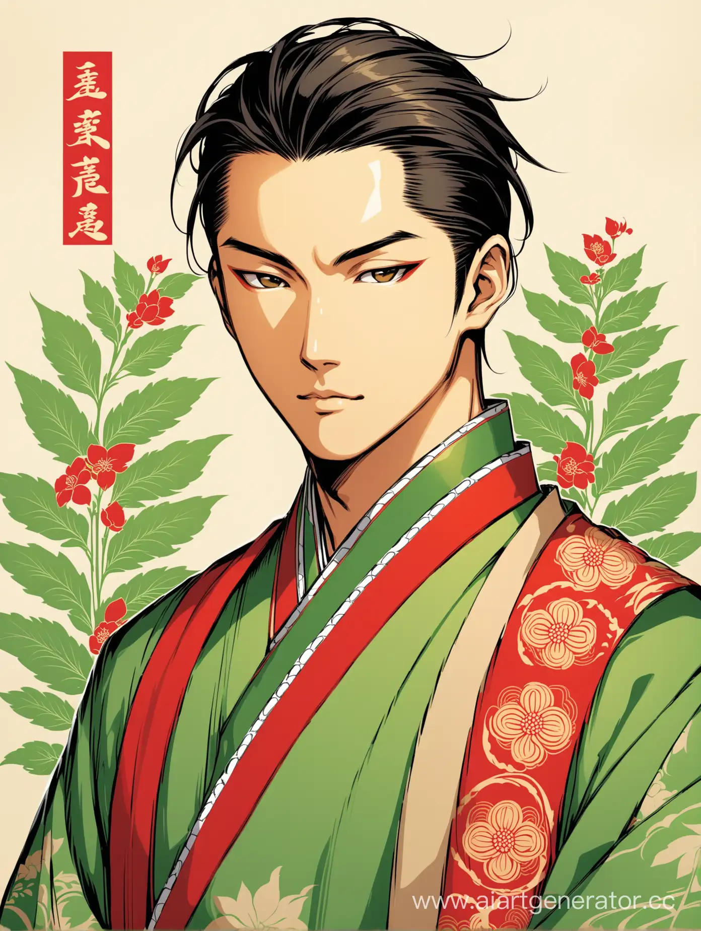 красивый азиатский мужчина в стиле традиционной азиатской графики, в салатово-зелёно-бежевых оттенках, с красными акцентами