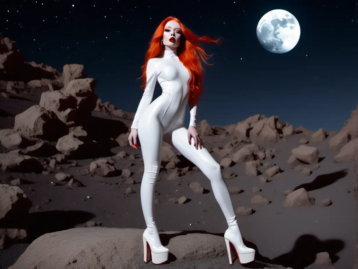 white girl skin so white.  Red orange long hair wearing white color skin latex.  She has big red lip standing on a rocky moon in space. wearing white 7 inch heels.
