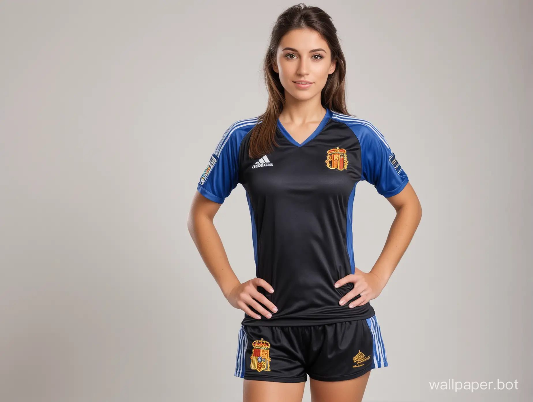 the beauty Spanish 25 years old 4 breast size narrow waist in black-and-blue soccer uniform
white background masterpiece photo portrait