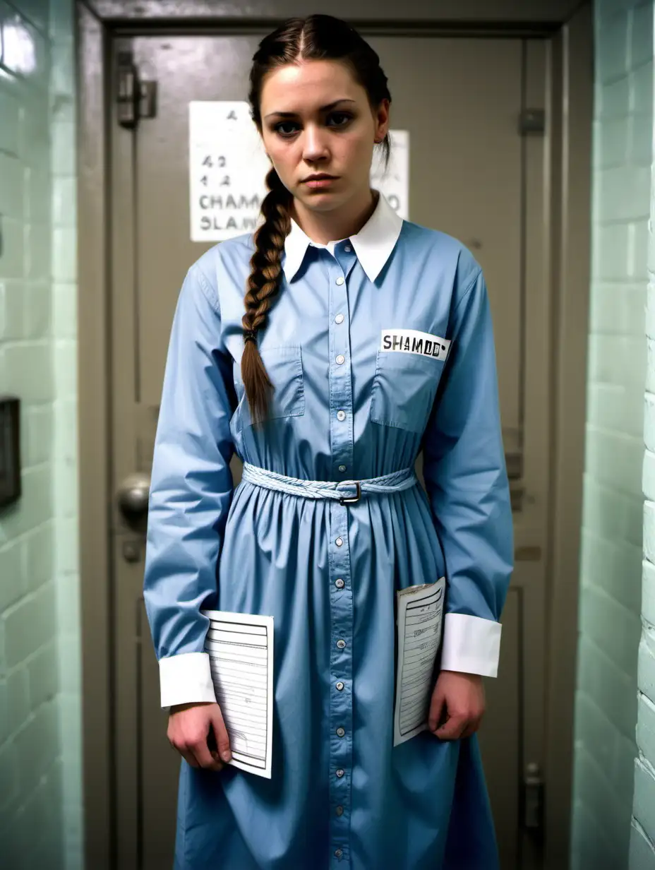 A busty prisoner woman (22 years old, same dress) stand in a prisoncell in paleblue longsleeve midi-length buttoned shirtdress (a white "438" label on chest pocket, brunette braided hair, white collar , sad and shamed ) , head-to-knee aspect, look into camera