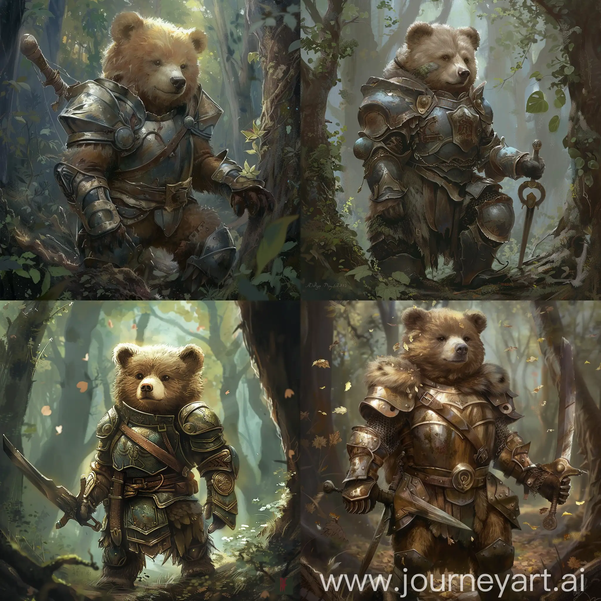 cute bear fantasy warrior with armor in the forest