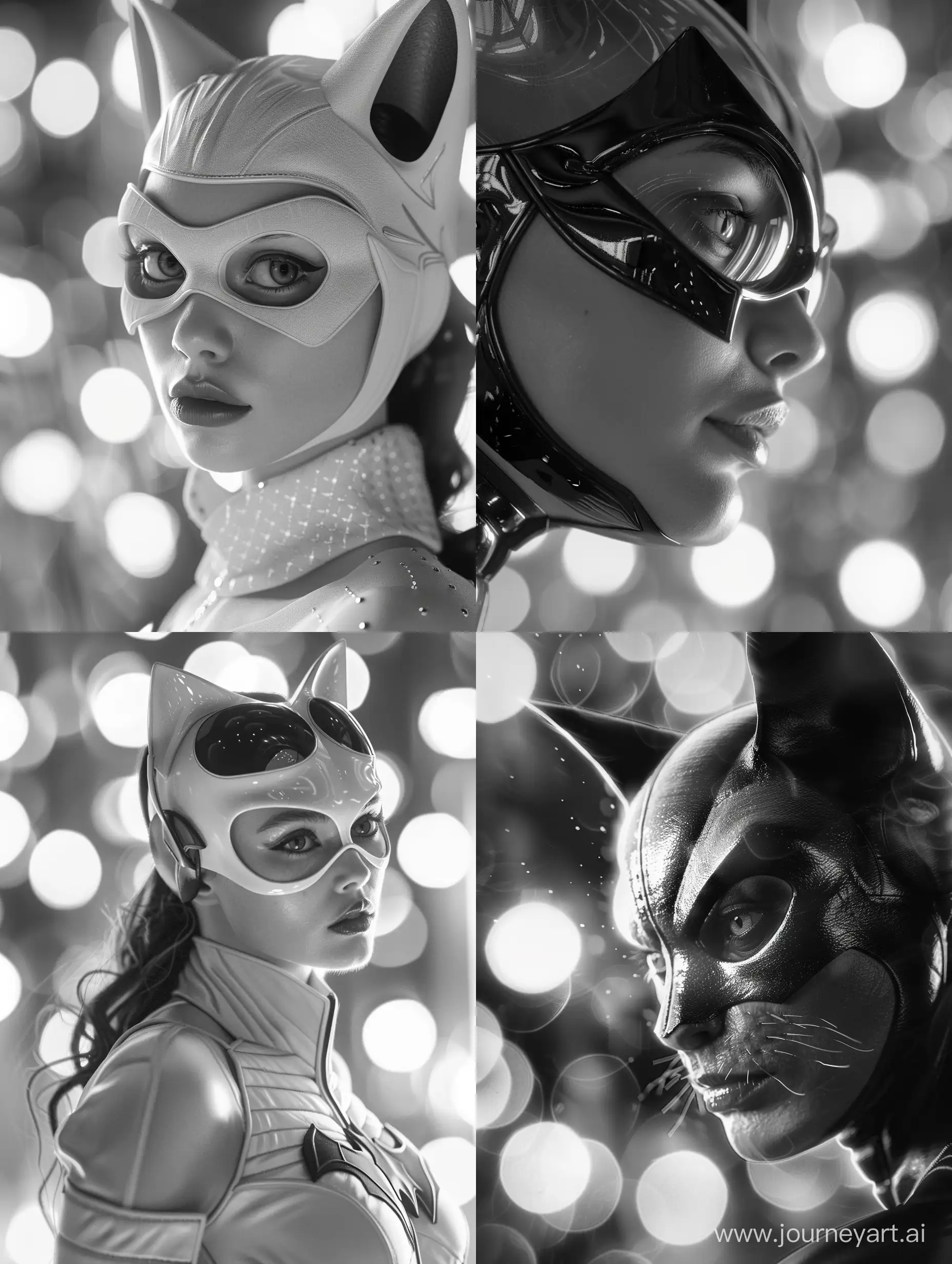 Cat Woman DC hereos in white hyperrealistic movie bokeh durasity