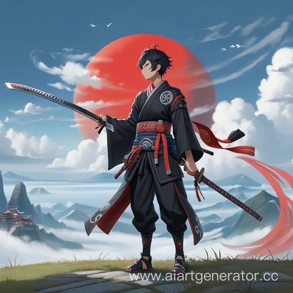 Wanderer which trys to find his place in the world by traveling. Has black short hair, has a katana and one short knife. Genshin Impact Style. Personality is Introspective Reserved Minimalistic Searching Unpredictable. Everything Black but slight red and blue highlights
cloud and wind symbols
