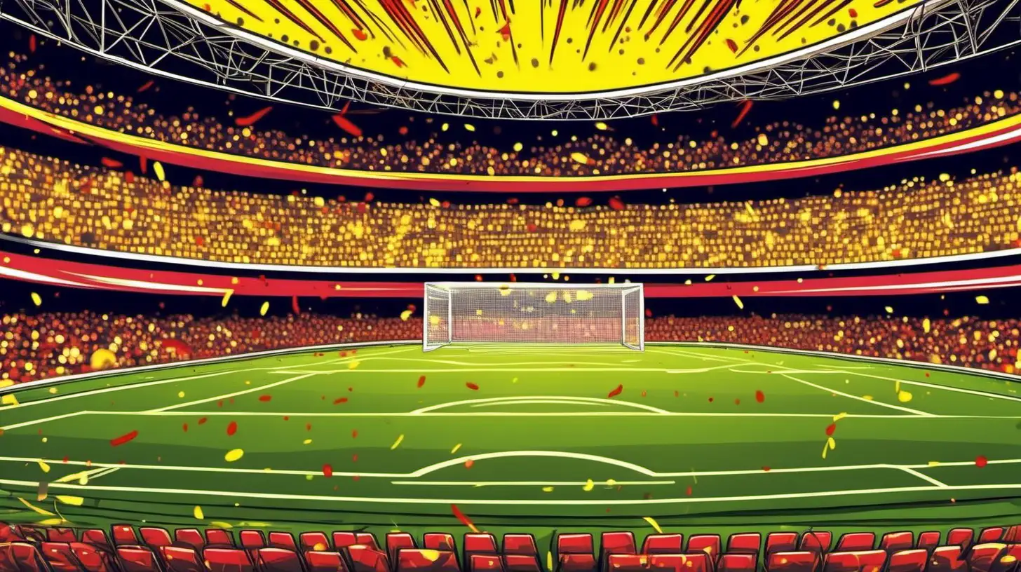 field level soccer stadium, cartoon style scene, yellow and red fireworks, low detail, t-shirt design
