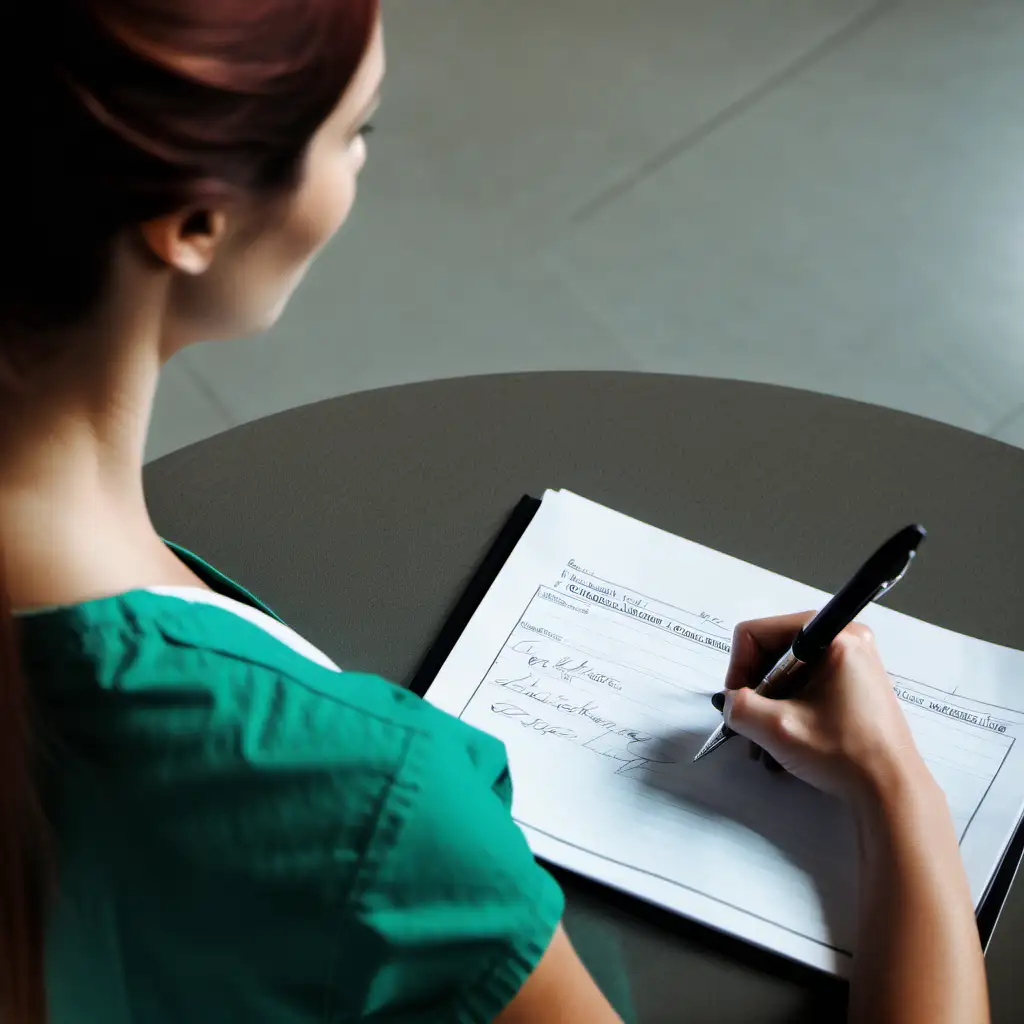 Female counselor writing down some information about her patient, a top view avoiding the face using one pen