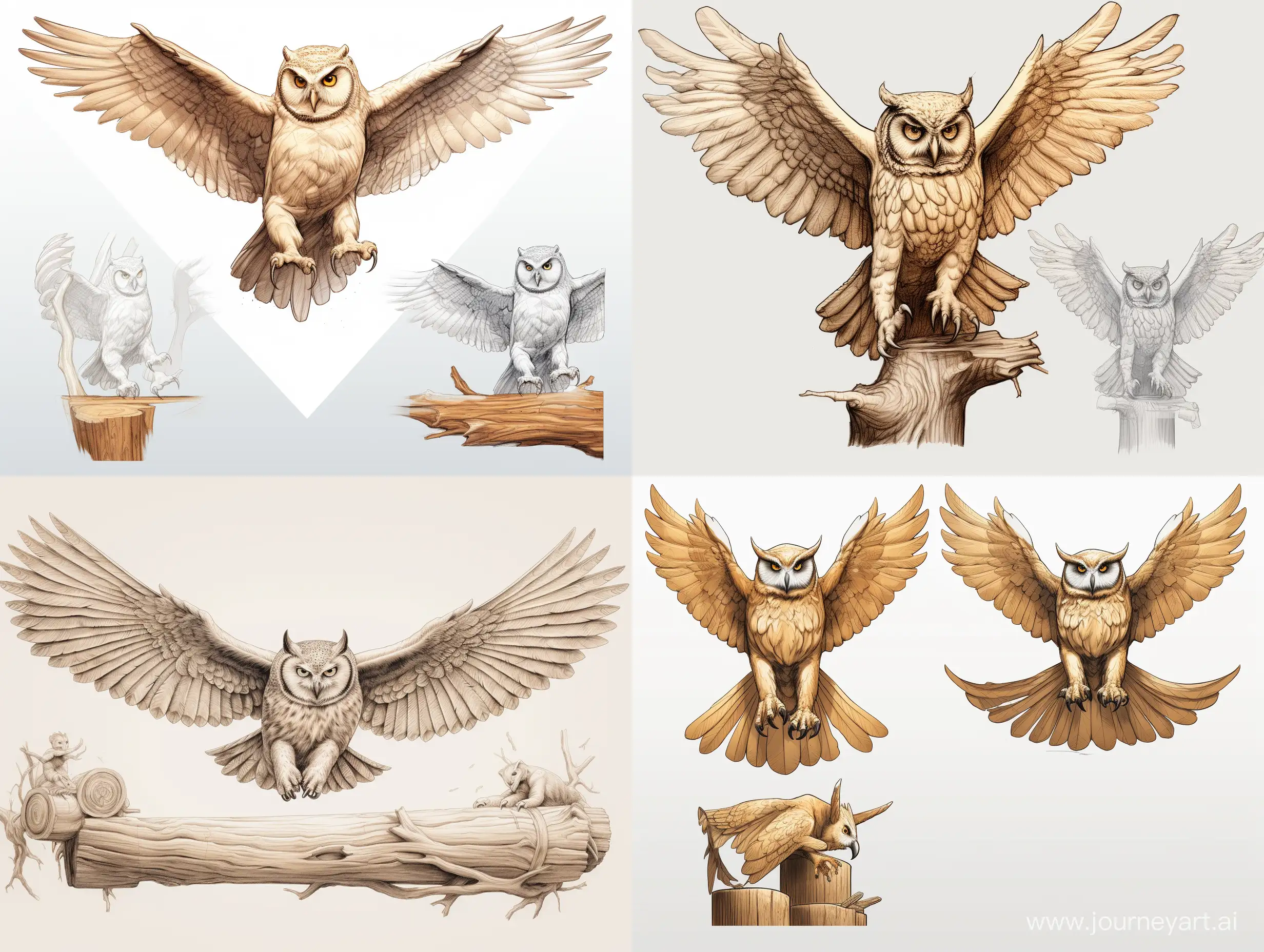 Professional wood carving sketch, life size owl in flight sitting on a large wooden cube, concept art, professional dynamic character, front, back and side view, wood carving, ready for battle 3d, white background, 8k render, ultra realistic