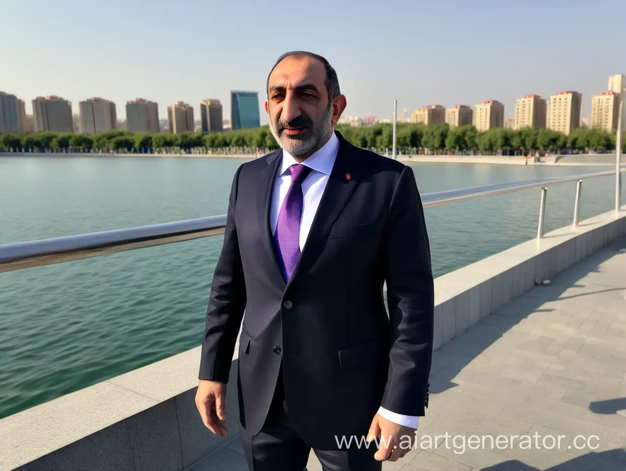 Nikol-Pashinyan-at-Baku-Waterfront-with-Azerbaijani-Flag