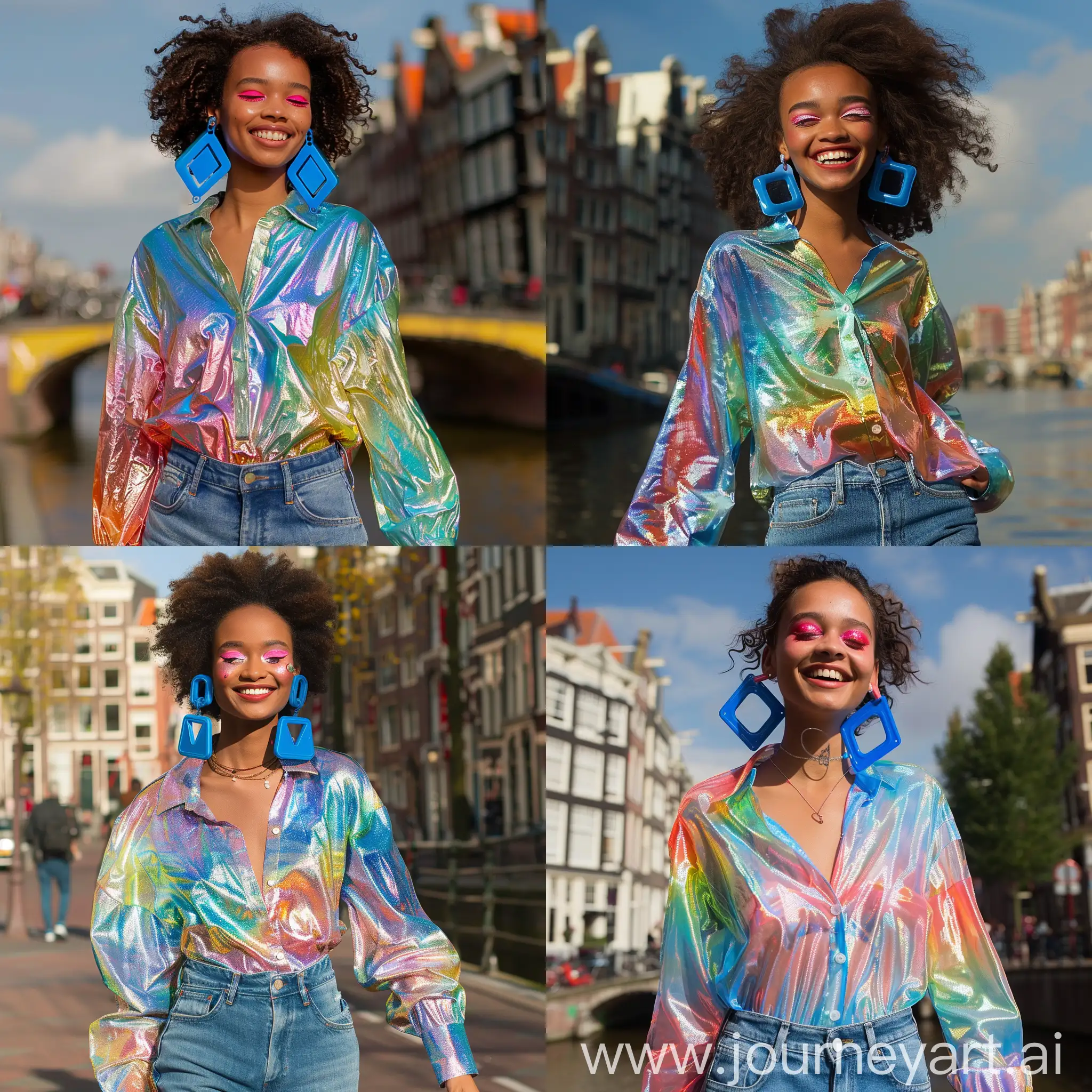 Smiling-Model-Walking-in-Amsterdam-Sunshine-with-Iridescent-Shirt-and-Rhombus-Earrings