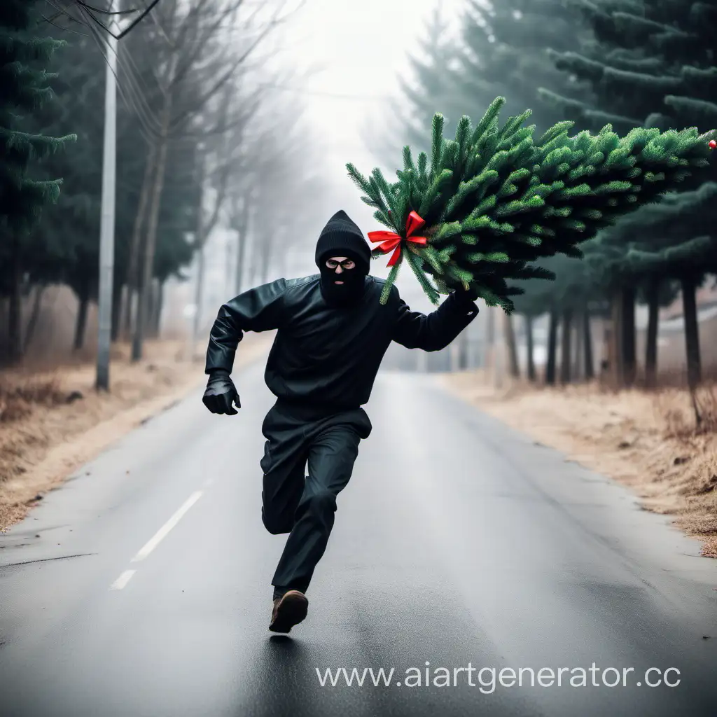 Robber run with a Christmas tree