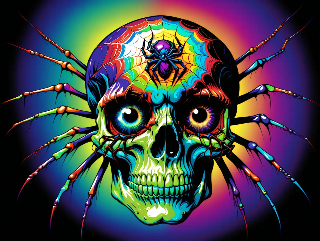 psychedelic image of multicolored skull with a spider in its eye; 400dpi