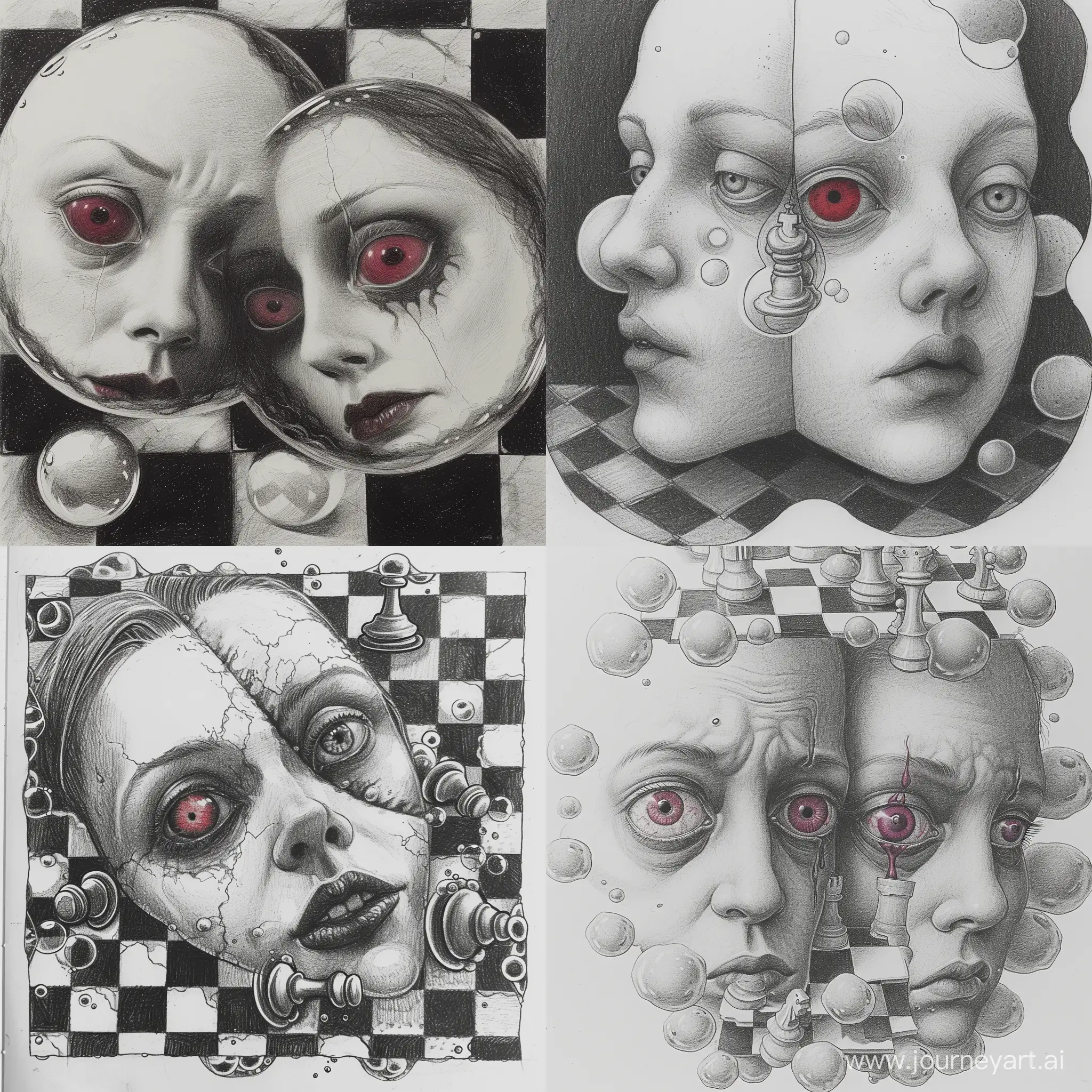 scarlet eyeball between the faces, White essence, Horror, Harlequin, pencil drawing, scarlet tears   A split personality lies in a chess bubble bath