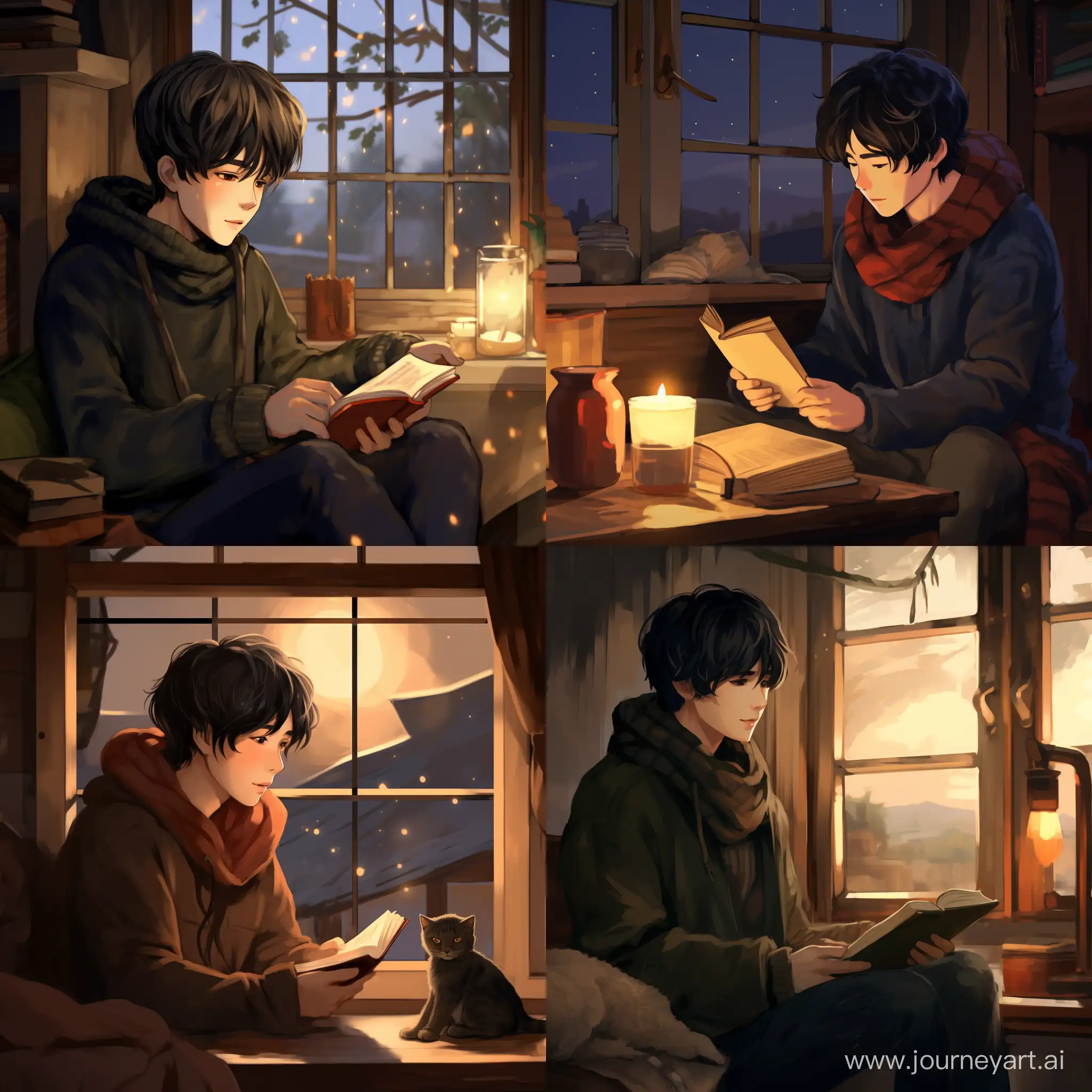 Мин Юнги с тёмными волосами и в шерстяном свитере сидит в деревянном деревенском доме, читает книгу. Рядом с ним стоит керосиновая лампа и окно. На улице уже темно.