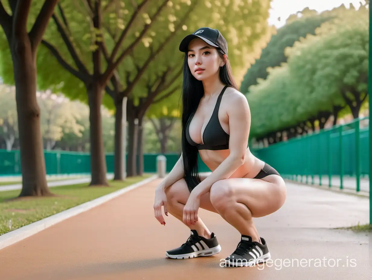 Long black hair, white skin, black cap, sports bikini, on a park, black sneakers, squatting