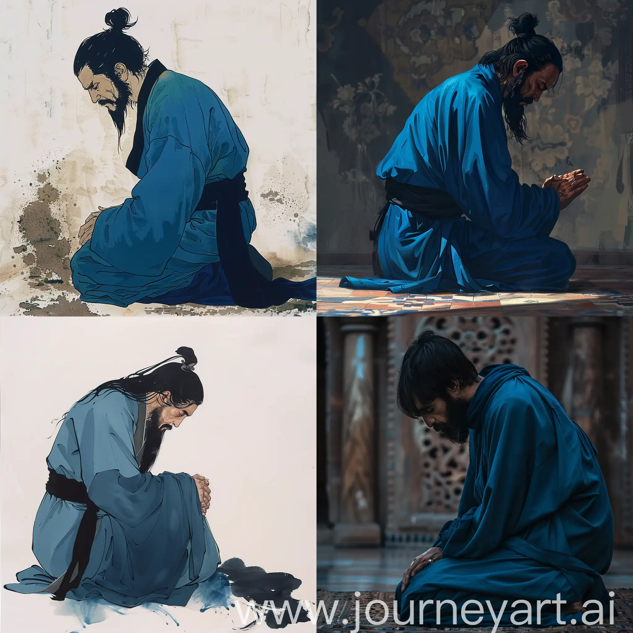 A beautiful image of a monk wearing a blue habit with black hair and black beard kneeling down in prayer 