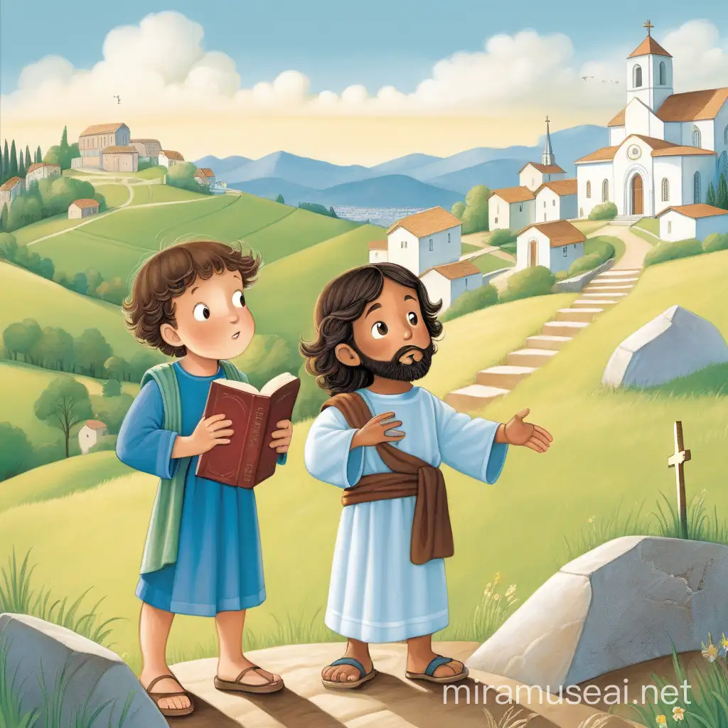 book cover for children age 1-4 as a flat illustration, one boy and one girl and jesus, a cross at the hill behind, no buildings