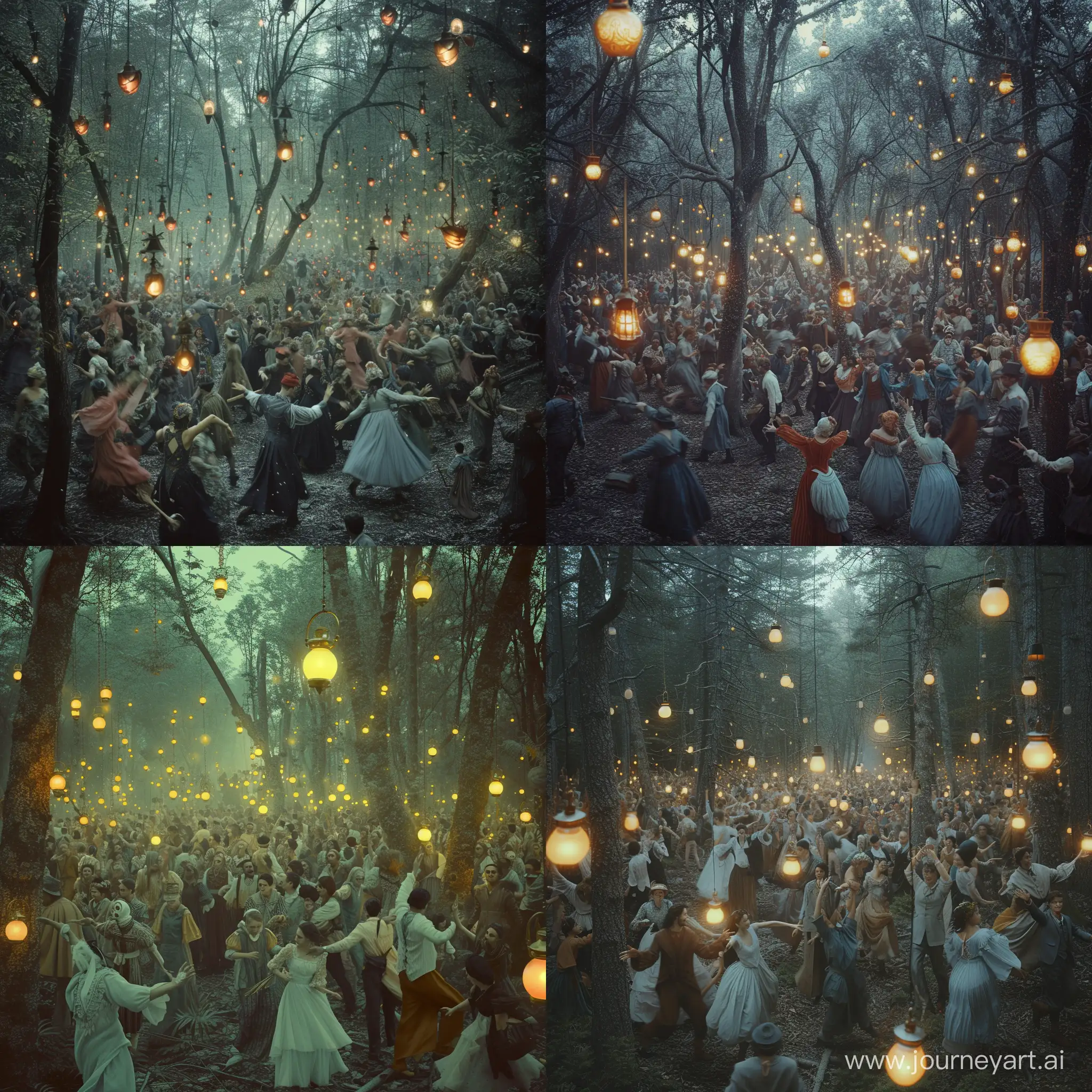 In this mystical photo, you can see a scene that seems to have escaped from the world of dreams. In the center of the frame is a dense forest in which thousands of people in clothes from different eras and cultures mix and move randomly, like moths lost in a twilight forest.Glowing lanterns attached to trees create mysterious lighting and highlight the chaos and disorder of this scene. People walk back and forth, raising their hands and trying to reach unknown places, but they are not aware of what is happening around them.The background of the photo is very gloomy