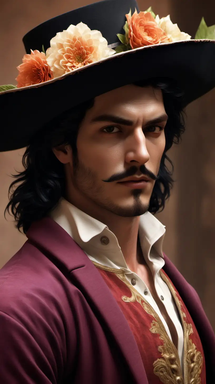 Generate a hyper-realistic image of a character embodying the essence of Don Juan. The character should look directly into the camera with a captivating expression, exuding charm, confidence, and charisma. The character should be in focus and their face must be fully visible, not obscured by any frame of flowers. You can incorporate elements such as a hat with flowers, or a flower in hand, as long as they do not cover the face. Craft a scene that reflects the romantic and adventurous spirit of Don Juan, perhaps including a detailed and engaging background like a Spanish-style setting. Pay meticulous attention to details, lighting, and realism to create an image that encapsulates the allure and charisma associated with the legendary character of Don Juan, with a focus on the character's visible face.
