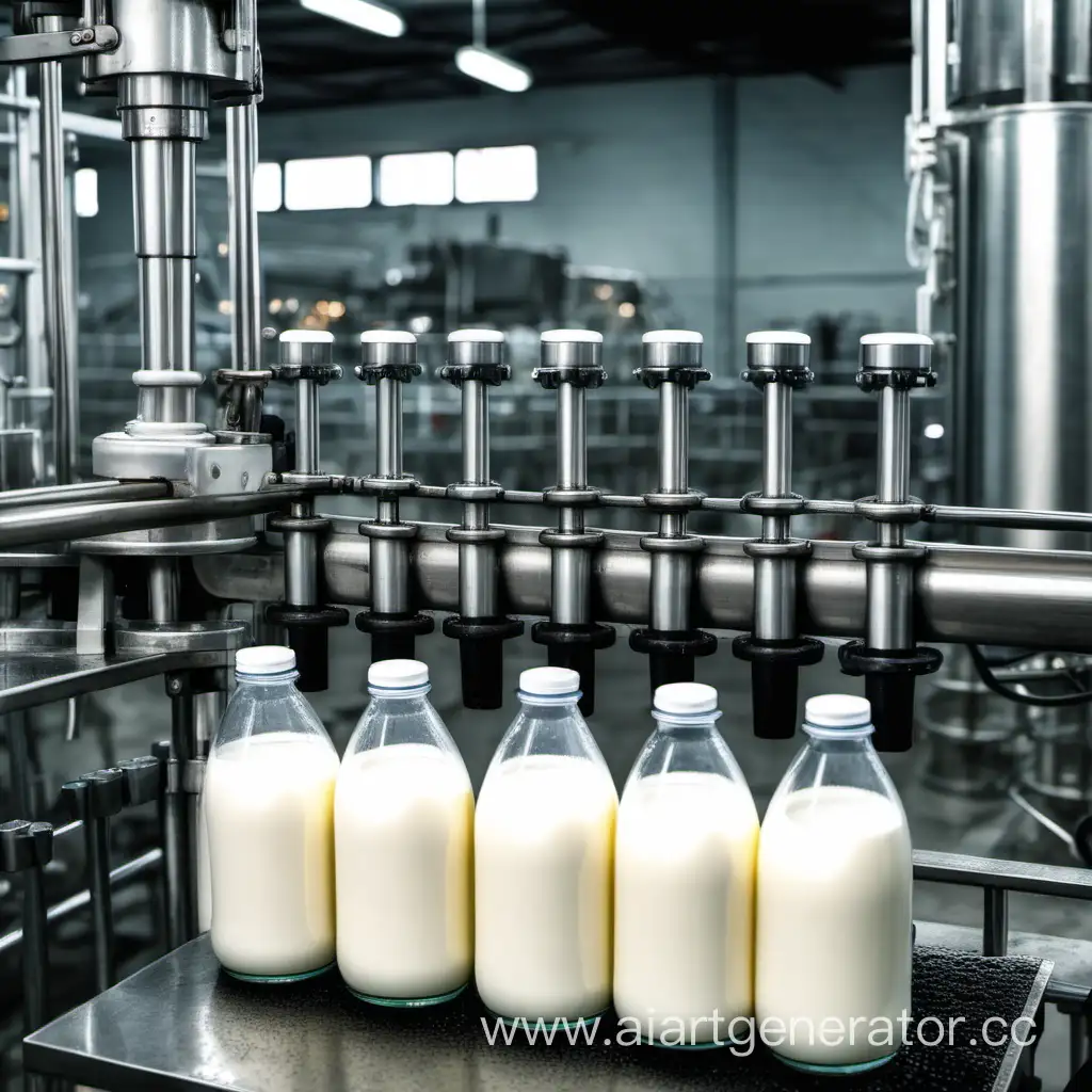 оборудование разливающее молоко по бутылкам на заводе
