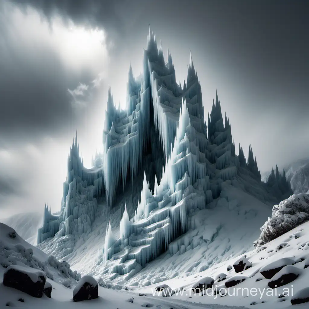 Majestic Ice Castle Mountains in a Snow Storm