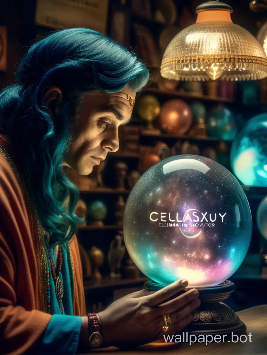 A fortune teller gazing into a crystal ball in a dim, mystical shop., (cinematic color grading lighting vintage realistic film grain scratches celluloid analog cool shadows warm highlights soft focus actor directed cinematography technicolor :1.3), with the text "Galaxy" on it