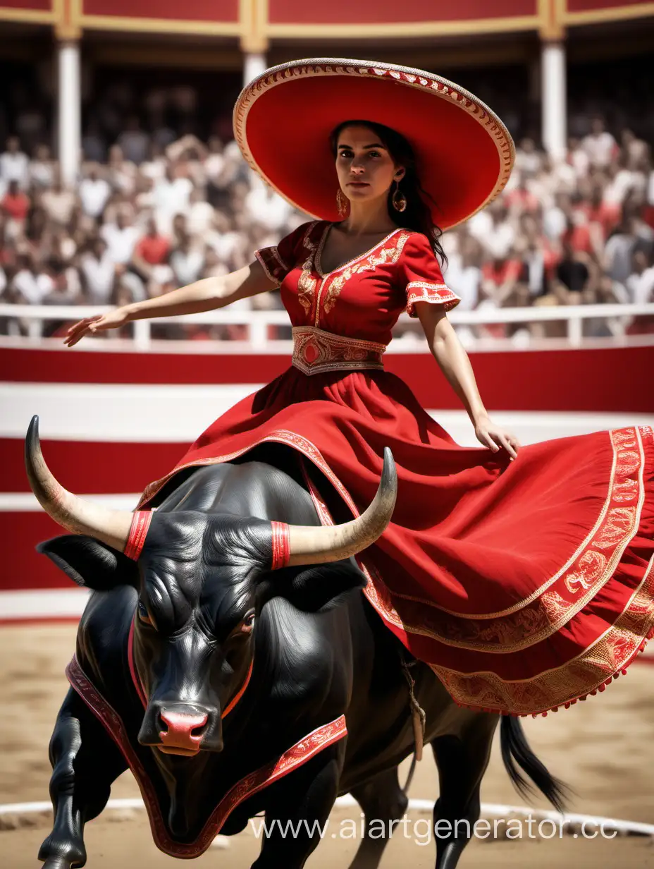 Detailed-Spanish-Girl-Riding-a-Bull-in-HighQuality-Arena-Panorama