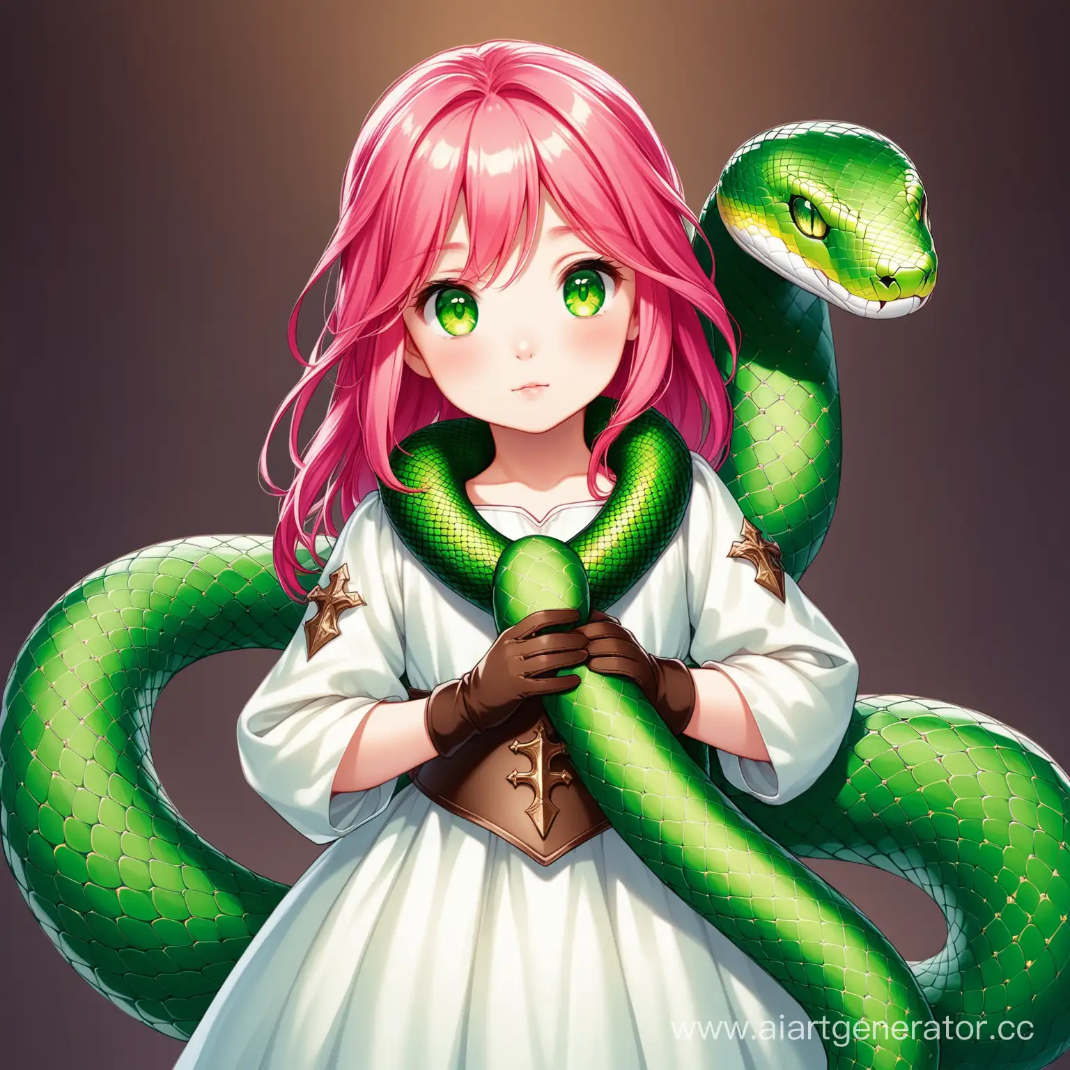 Девочка, 5 лет, розовые волосы, ярко зелёные глаза, глаза как у змеи, средневековая одежда, белое платье, перчатки, змея на шее, 