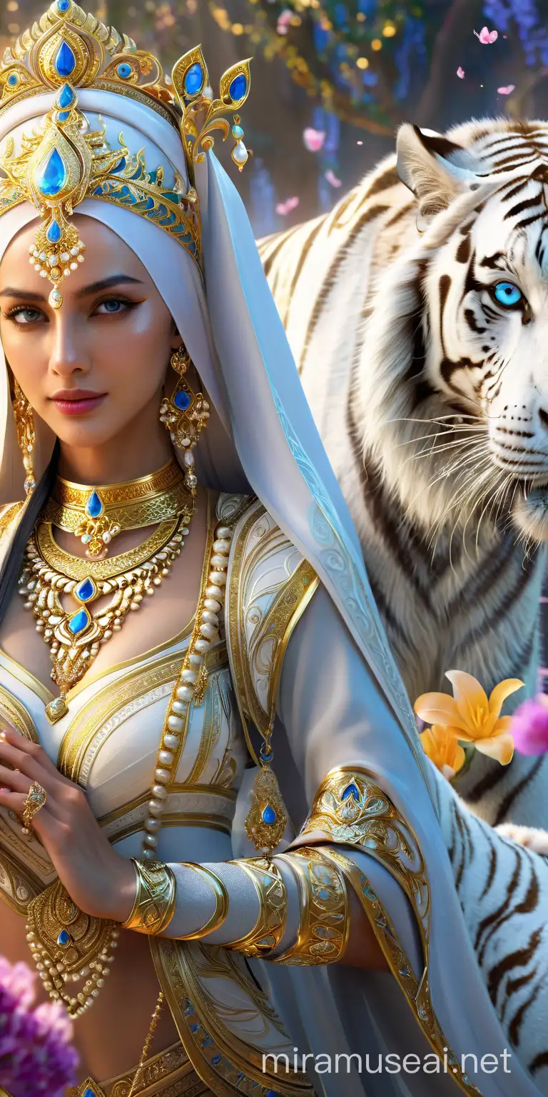 The image depicts a captivating scene where **a beautiful character**, adorned in **elaborate golden jewelry** and dressed in **Muslim fashion**, stands amidst a magical aura. Her presence exudes an air of intrigue and enchantment. Beside her, a **mystical creature**—resembling a **white tiger**—also wears golden ornaments. The tiger's blue eyes add to its otherworldly appearance. The entire composition is surrounded by **vibrant blooming flowers**, creating an ethereal atmosphere. The colors and details are hyperrealistic, evoking a sense of wonder and fantasy.