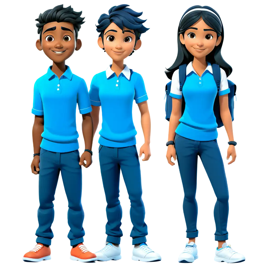 2d vector art, Simple an Indian School boy and Girl  in Blue shirt and dark blue pant
