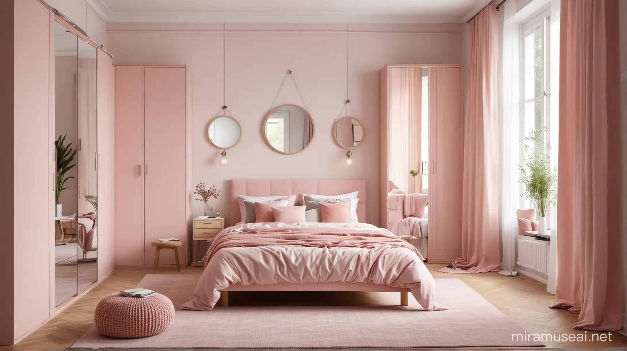 Bedroom interior with a pink bed, a two-door white glass wardrobe with metal inserts, three identical parts, parquet flooring, a chest of drawers, a dressing table, a window with a curtain, a pouf, a mirror, a wardrobe on two sides of the bed. a soft blanket and several pillows on the bed.
Place a rug on the floor next to the bed.
Place some decorative items on the dresser, such as a vase of flowers or a photo frame.
Put a throw blanket on the pouf. Lighting: Natural light from the window,Warm and cozy atmosphere.
Color Palette:Pink,White,Gray,Wood tones.Style:Modern,Minimalist,With a touch of bohemians. Makeure the room is tidy and cozy.