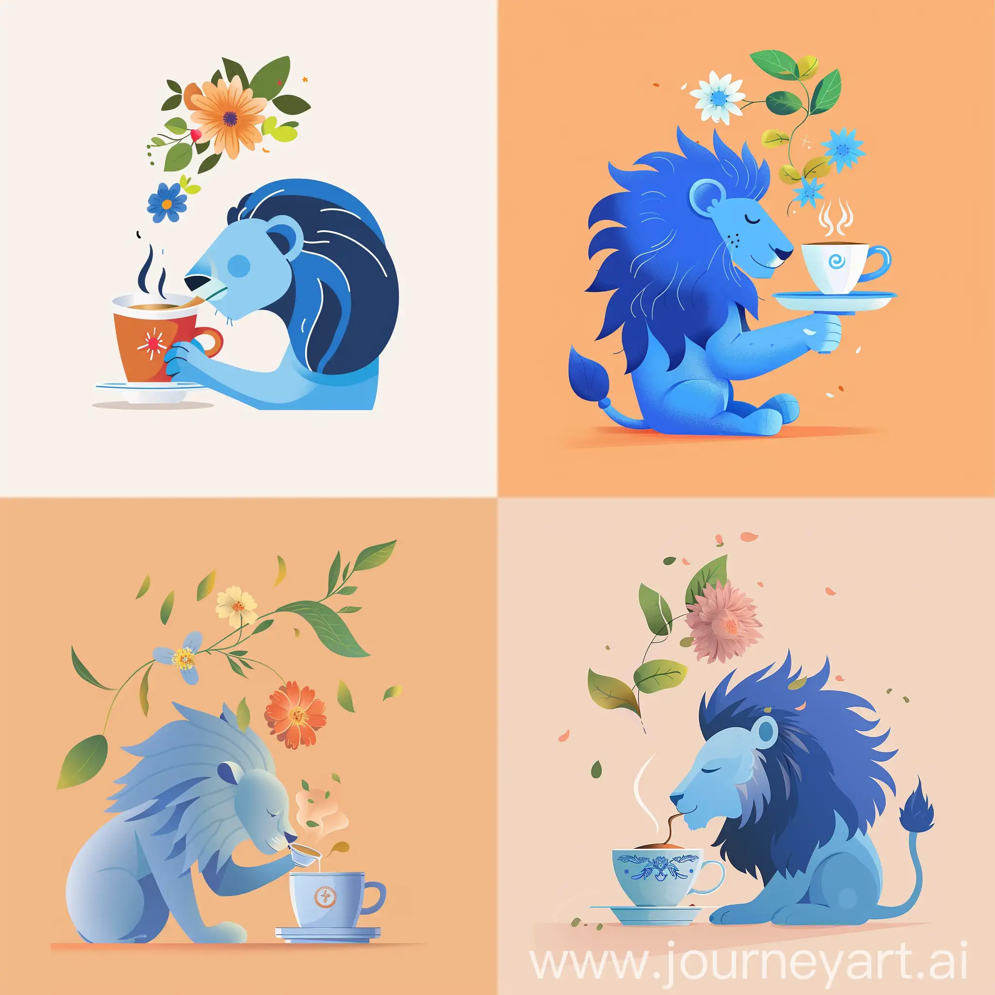 设计一个咖啡品牌的IP，主角是一个平面化的蓝色狮子，他优雅从容在喝咖啡，咖啡杯上方飘着鲜花，绿叶，狮子45度角面向屏幕