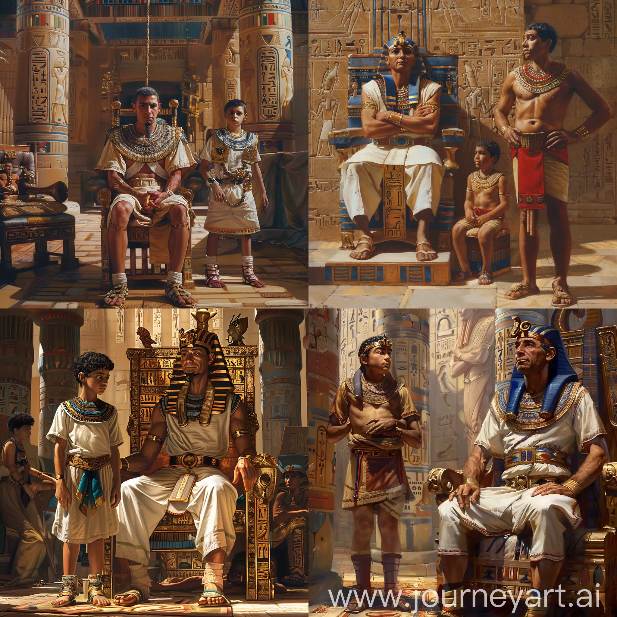 Древний Египет, древнеегипетский фараон сидит в тронном зале, перед ним в гордой позе стоит его сын, которого фараон ругает за неповиновение, фотореализм, гиперреализм