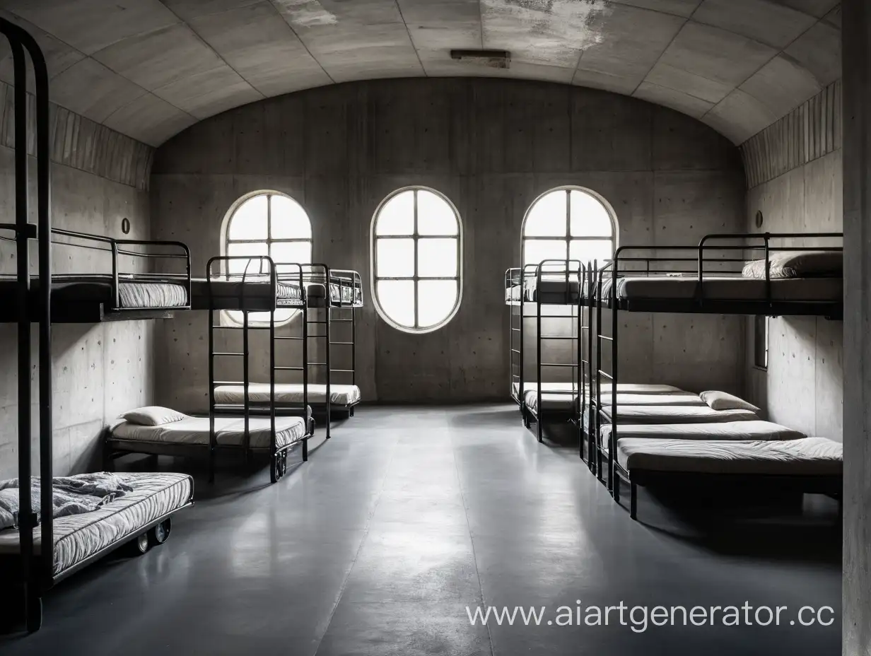 Barrack, empty, bunks, morning, light from the windows, dark gray wooden floor, concrete walls, semicircular room