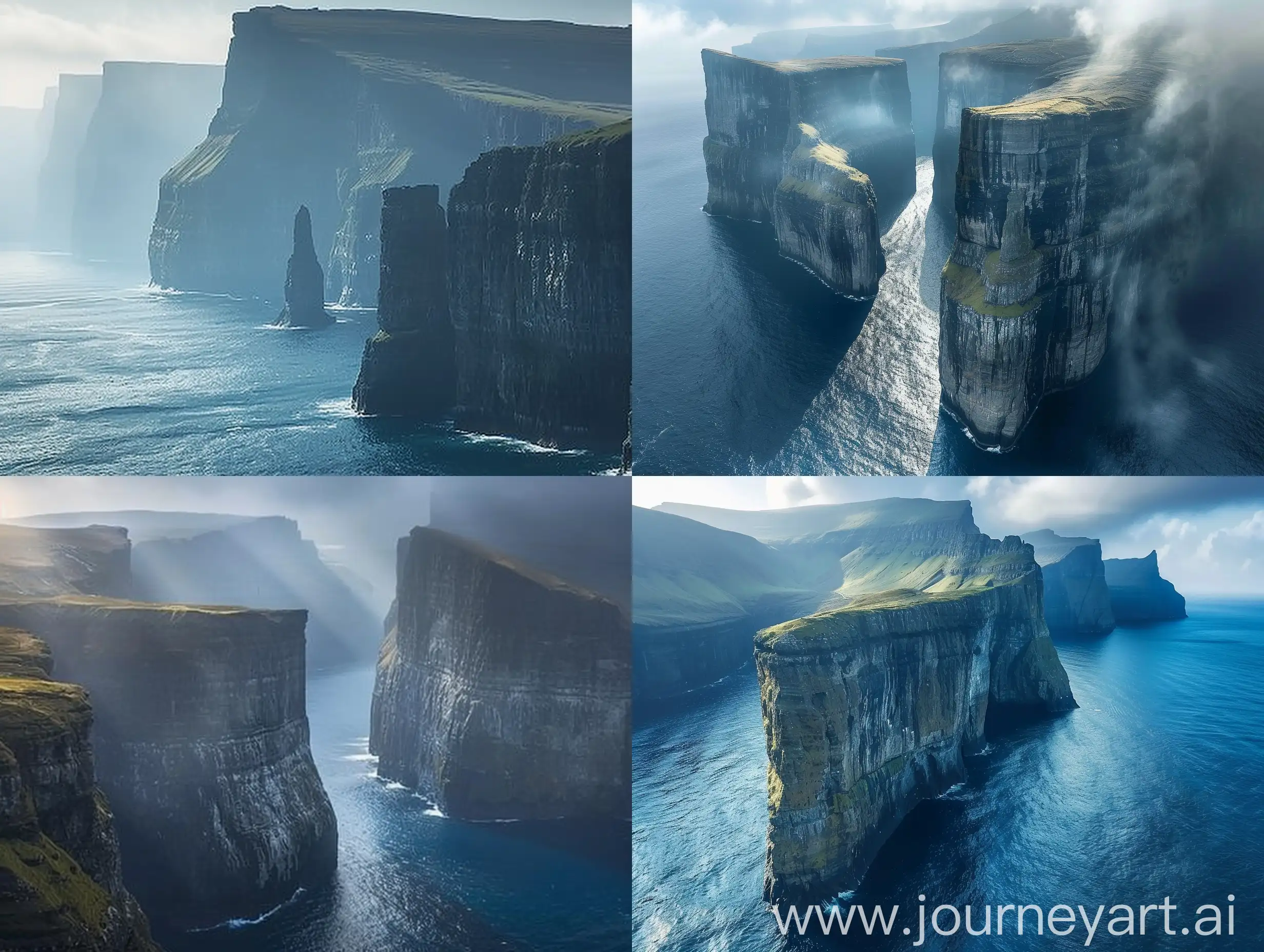 A captivating image of the Faroe Islands, with towering sea cliffs rising majestically from the azure waters below. The rugged beauty of the landscape is enhanced by the dramatic play of light and shadow, inviting viewers to immerse themselves in the enchanting scenery.