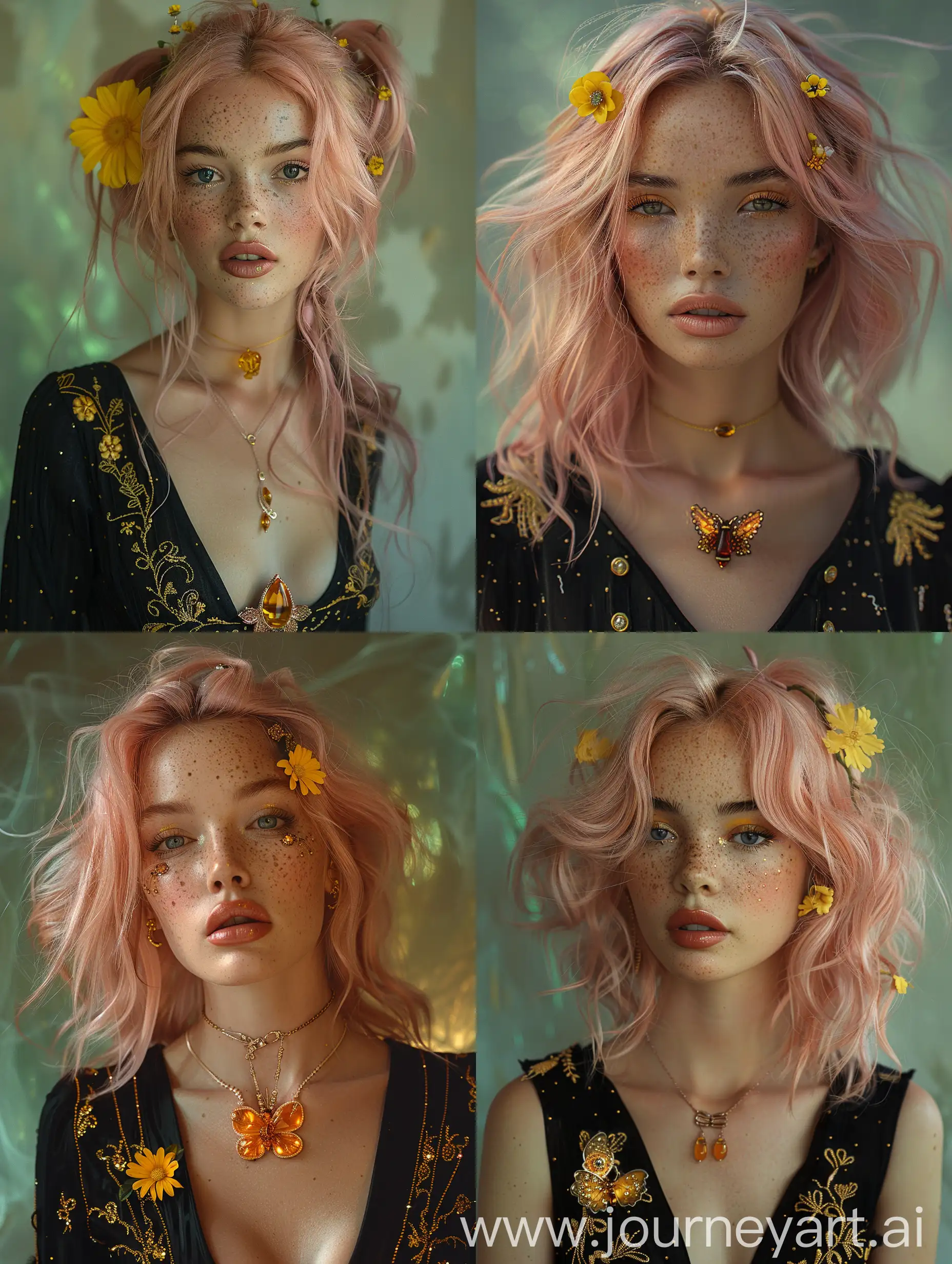 Luxurious-Mulatto-Woman-with-Pink-Hair-and-Butterfly-Brooch-in-Hyperealistic-Photography