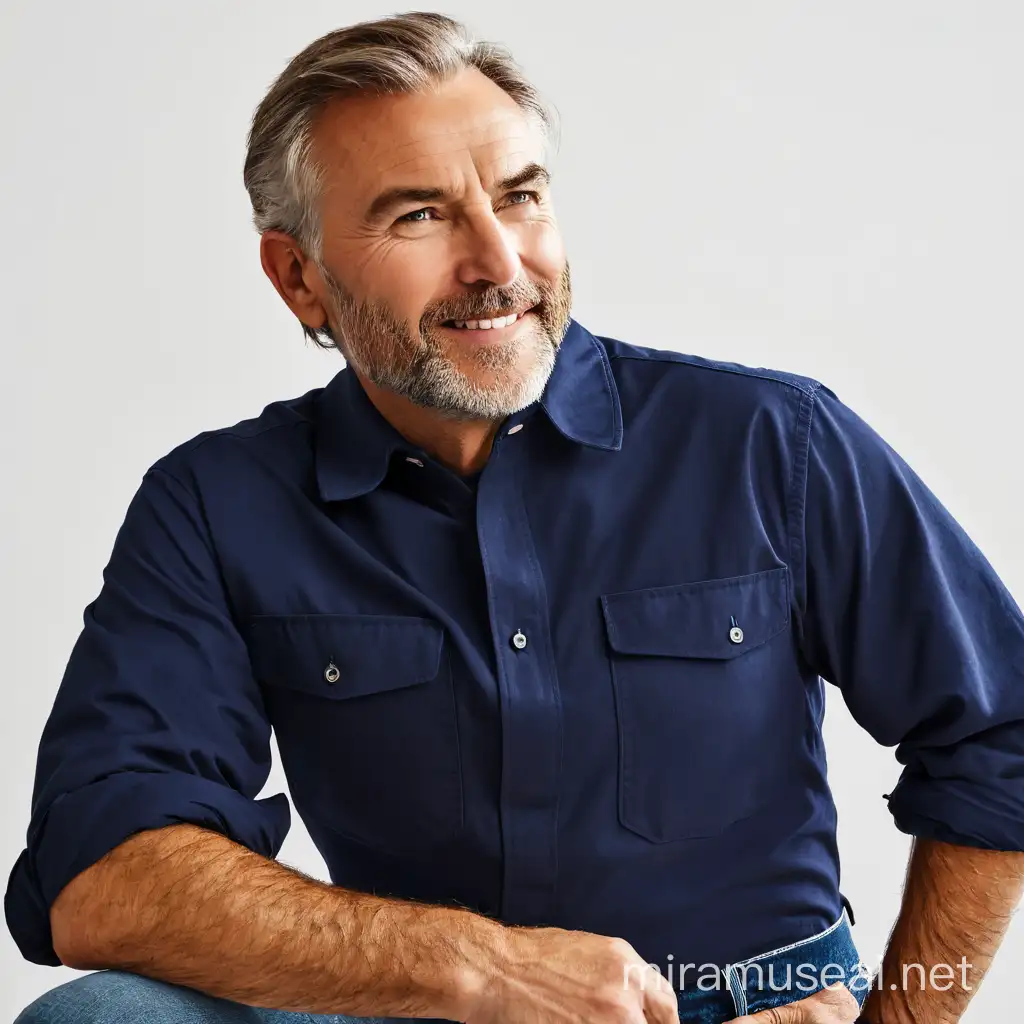 Caucasian Man in Navy Workshirt in Various Poses