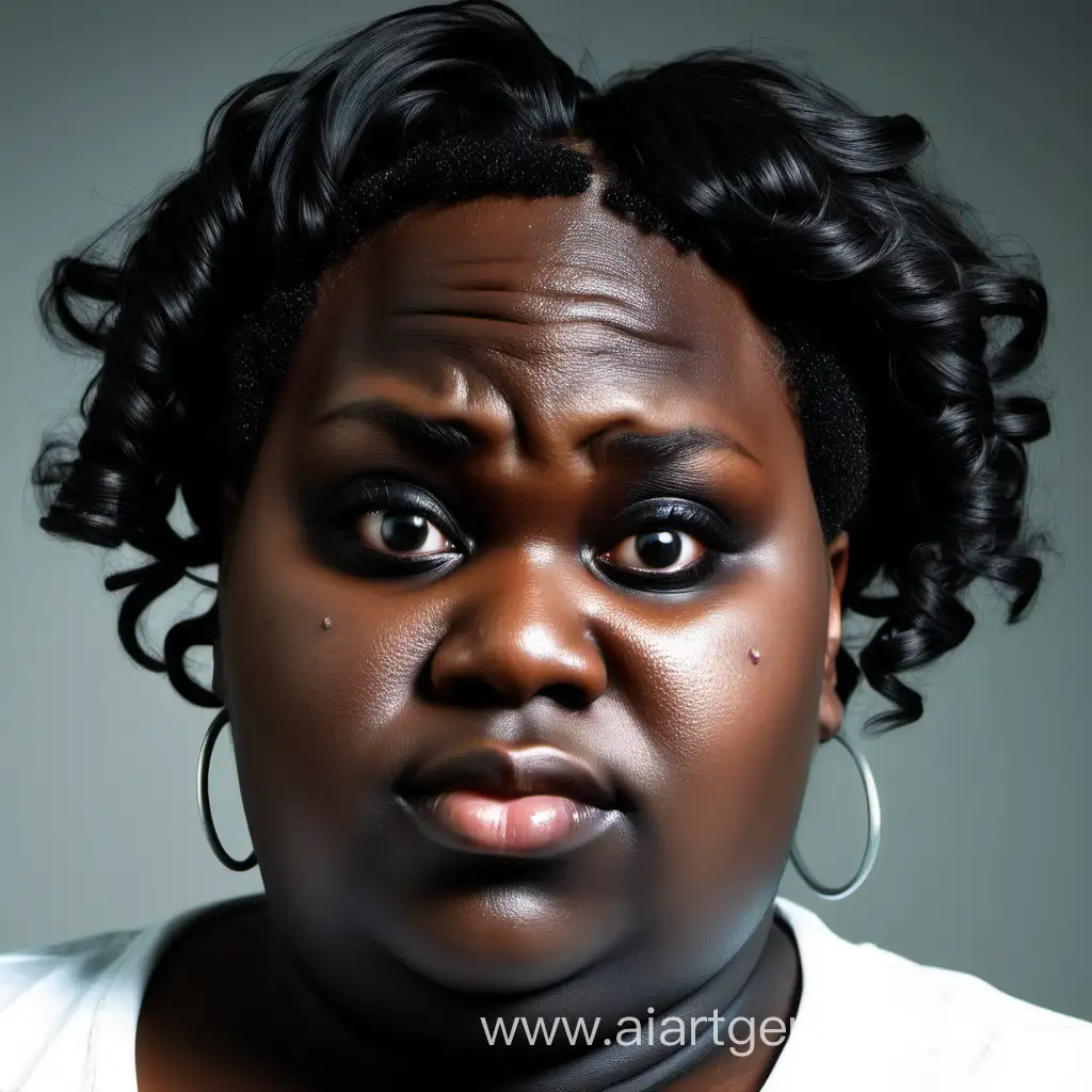 Mentally disabled fat black girl curl short dead hair big forehead hanging eyelids