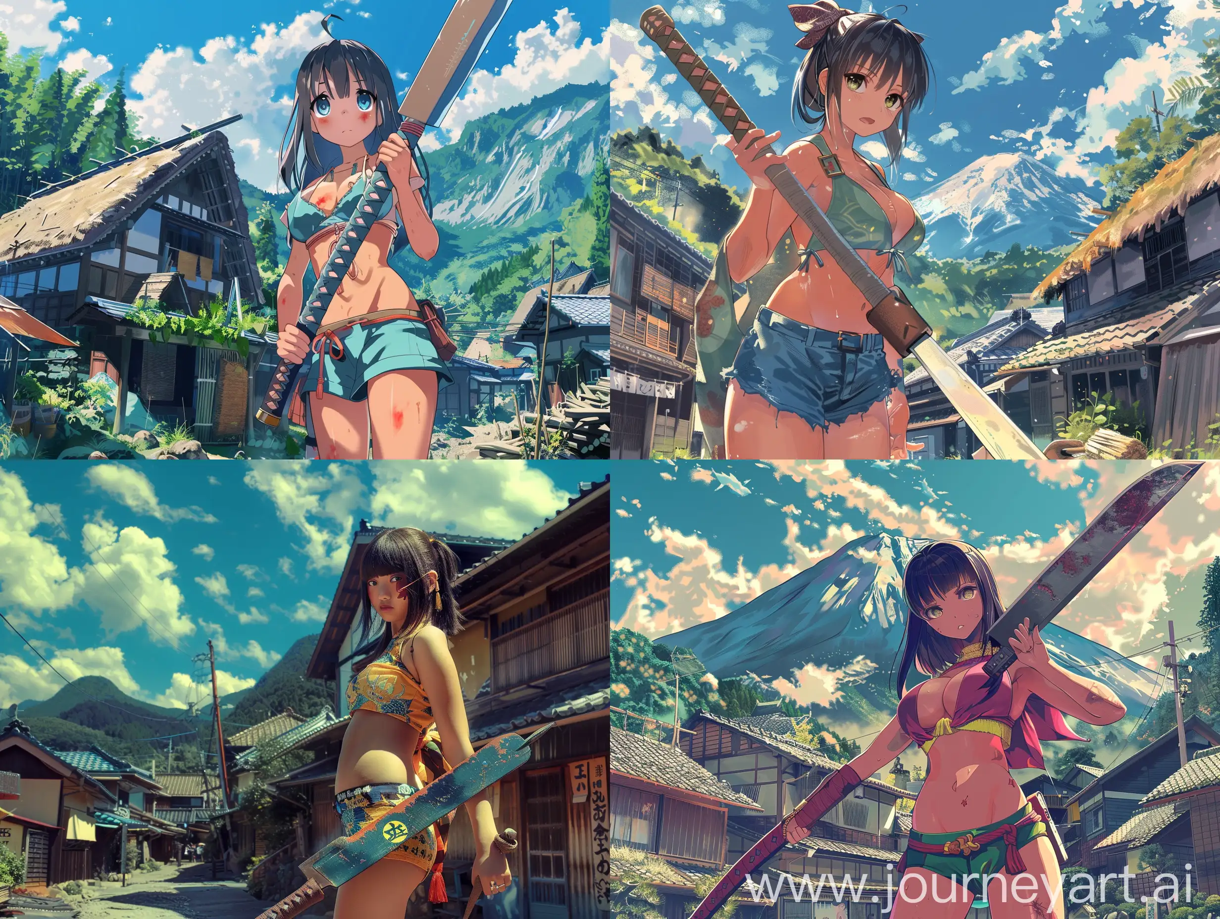 Background Mountain. İn The sky 
 realistic Dragon color azure.A low-cut Japanese girl holding a big machete in a village