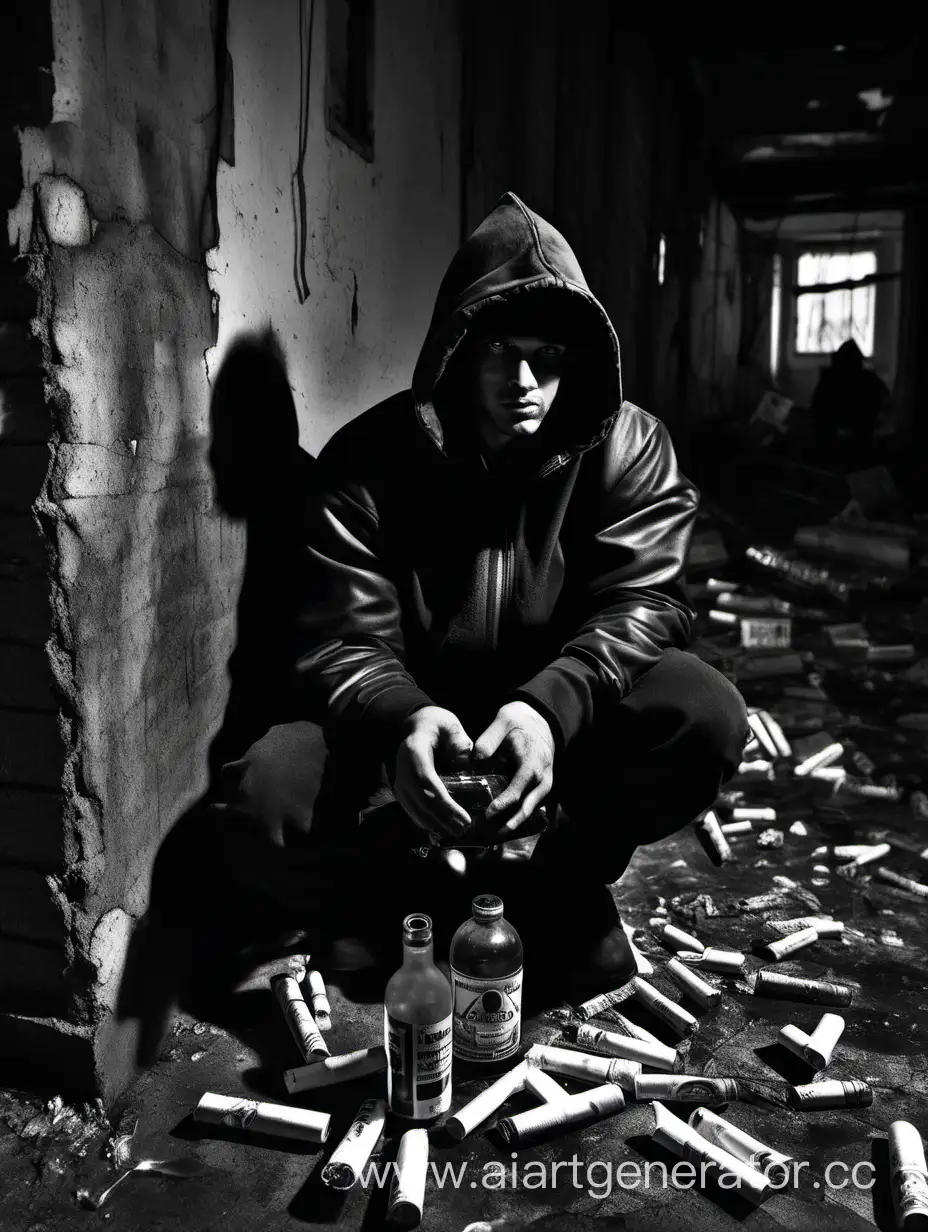 Reckless-Man-in-Abandoned-Building-Surrounded-by-Cigarettes-and-Alcohol