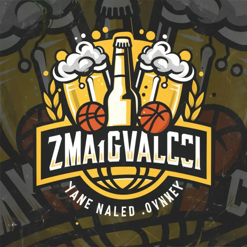a logo design,with the text 'ZMAGOVALCI', main symbol:Zmagovalci,Basketball, beers, friends hanging, shower,Moderate,be used in Sports Fitness industry,clear background