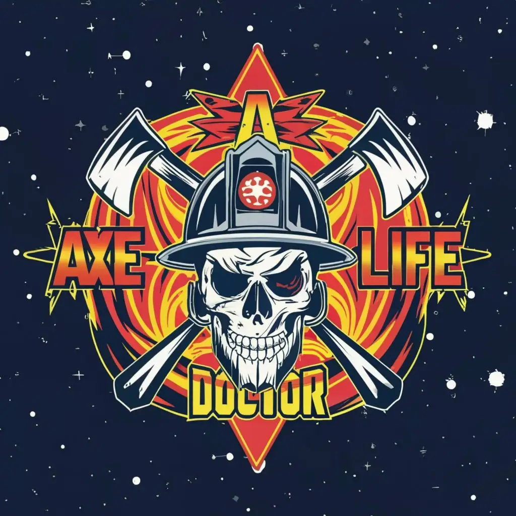 logo, Skull, firefighter helmet, with crossed axes behind, neon colors and flying through space with the star of life in the far background, with the text "Axe Doctor", typography
