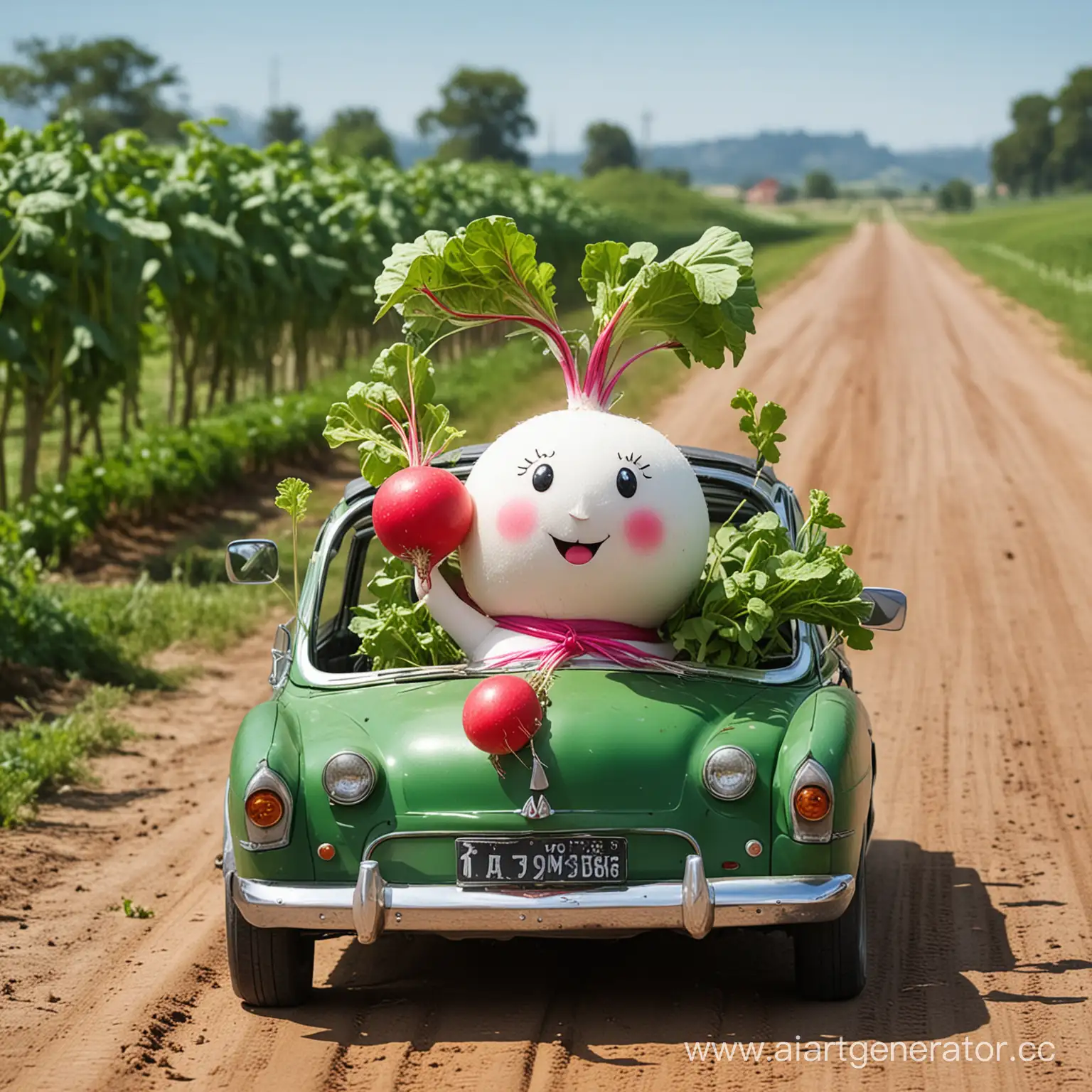 Radish-Driving-Car-Playful-Vegetable-Transportation-Scene