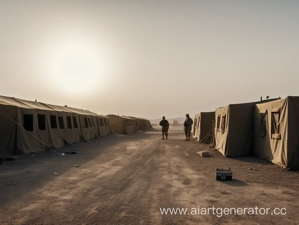 Военный полевой лагерь в пустыне. Солнце только встает, облачно. Видны слева бараки, справа штаб и медицинский корпус. Рядом с медицинский корпусом стоит один человек с сигаретой.  Атмосфера одиночества и безысходности
