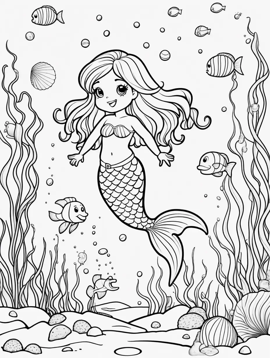 Adorable Cartoon Mermaid Coloring Page with Jellyfish and Sea Creatures