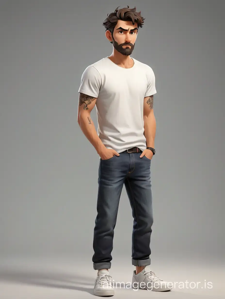 surly guy in cartoon style, A suspicious skeptical look, short beard, dark short wavy hair hairstyles, Wearing a white T-shirt without inscriptions, dark jeans, sneakers, full-body shot,  full growth, maximum detail, best quality, HD, gorgeous light and shadow, detailed design, 3D quality