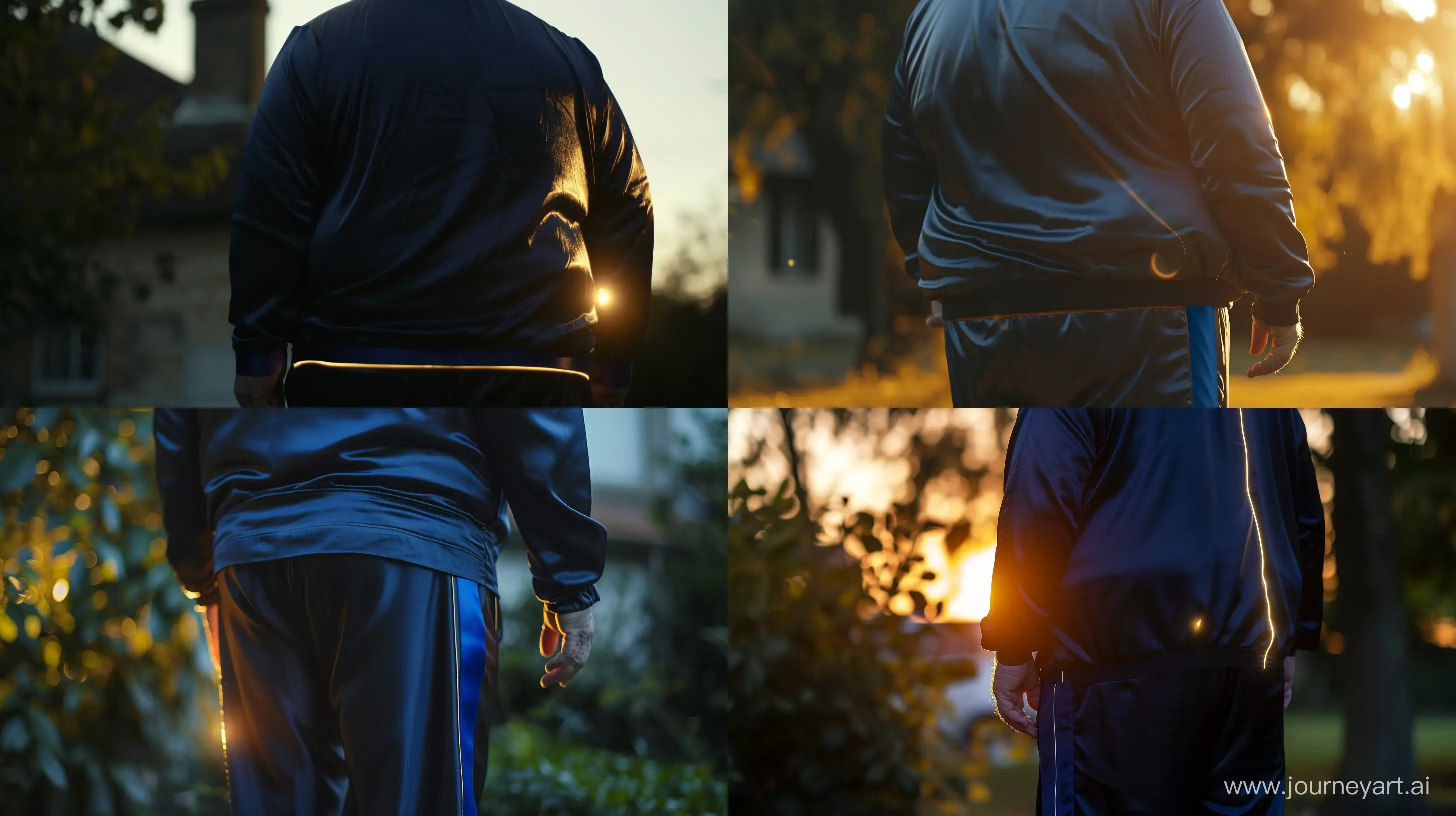Back view close-up photo of a fat man aged 60 wearing silk navy tracksuit with royal blue stripe on the leg. Outside. Illuminated light on his back. --style raw --ar 16:9
