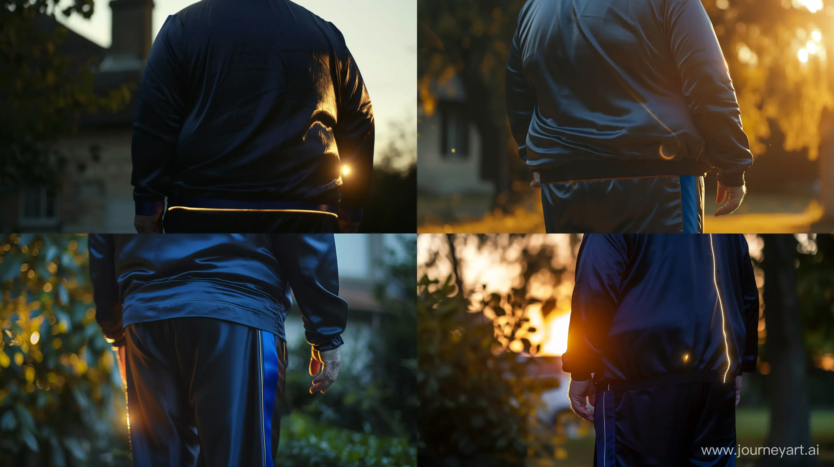 Elderly-Man-in-Silk-Navy-Tracksuit-Illuminated-by-Outdoor-Light