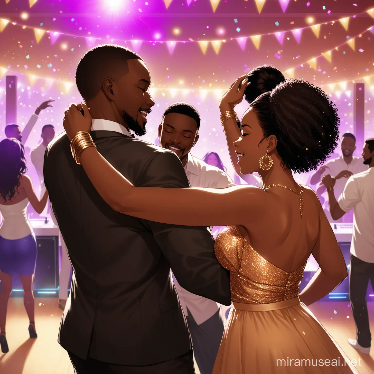 Elegant Black Couple Dancing at Party with DJ in Vibrant Background
