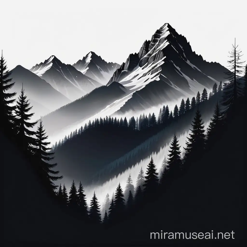 mountain silhouette, with pine trees one color, steep peaks