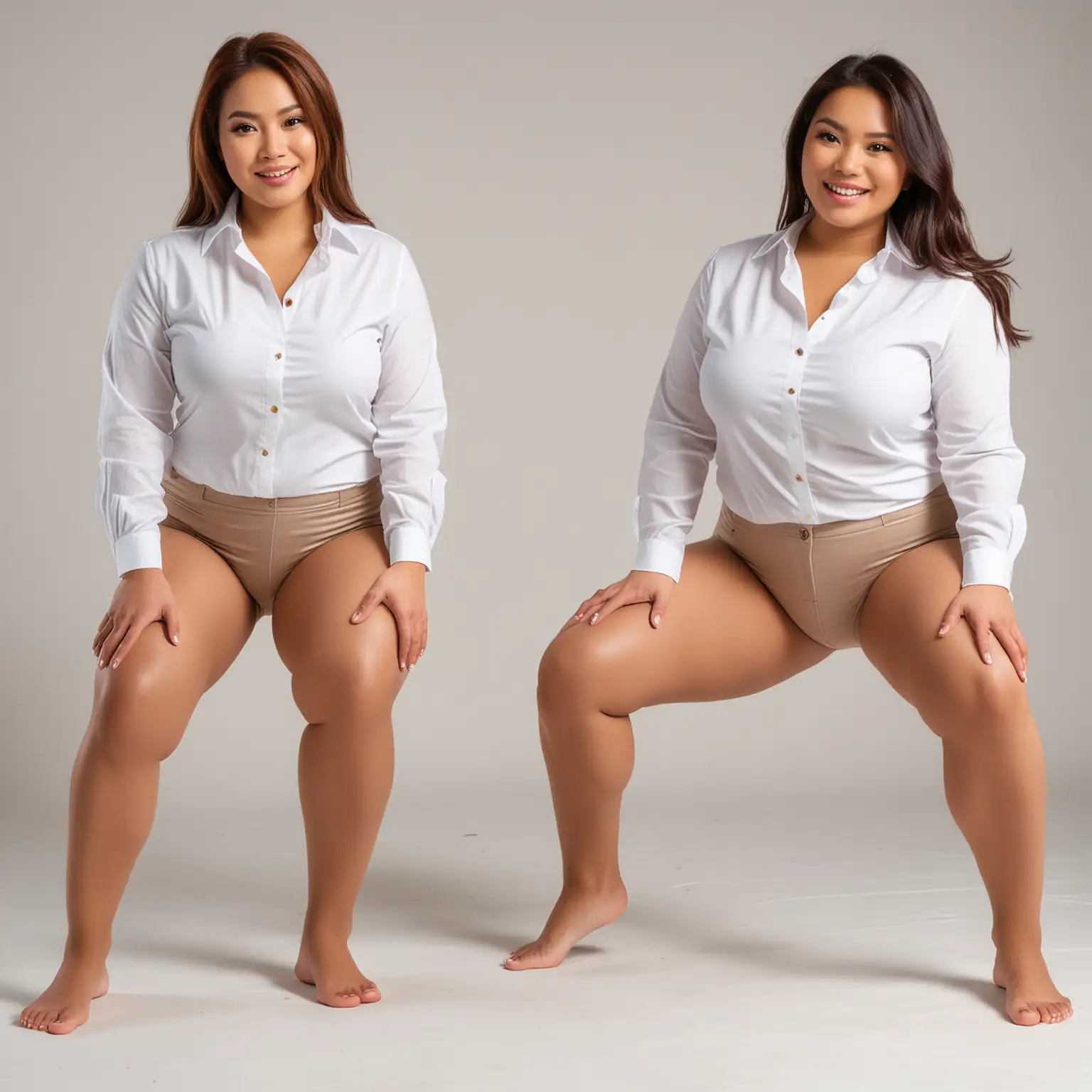 Two Curvy Beautiful Filipino Women, wearing tan pantyhose, no shoes, no skirt or pants, with untucked stretch white button down shirts, do squat exercises with each other.